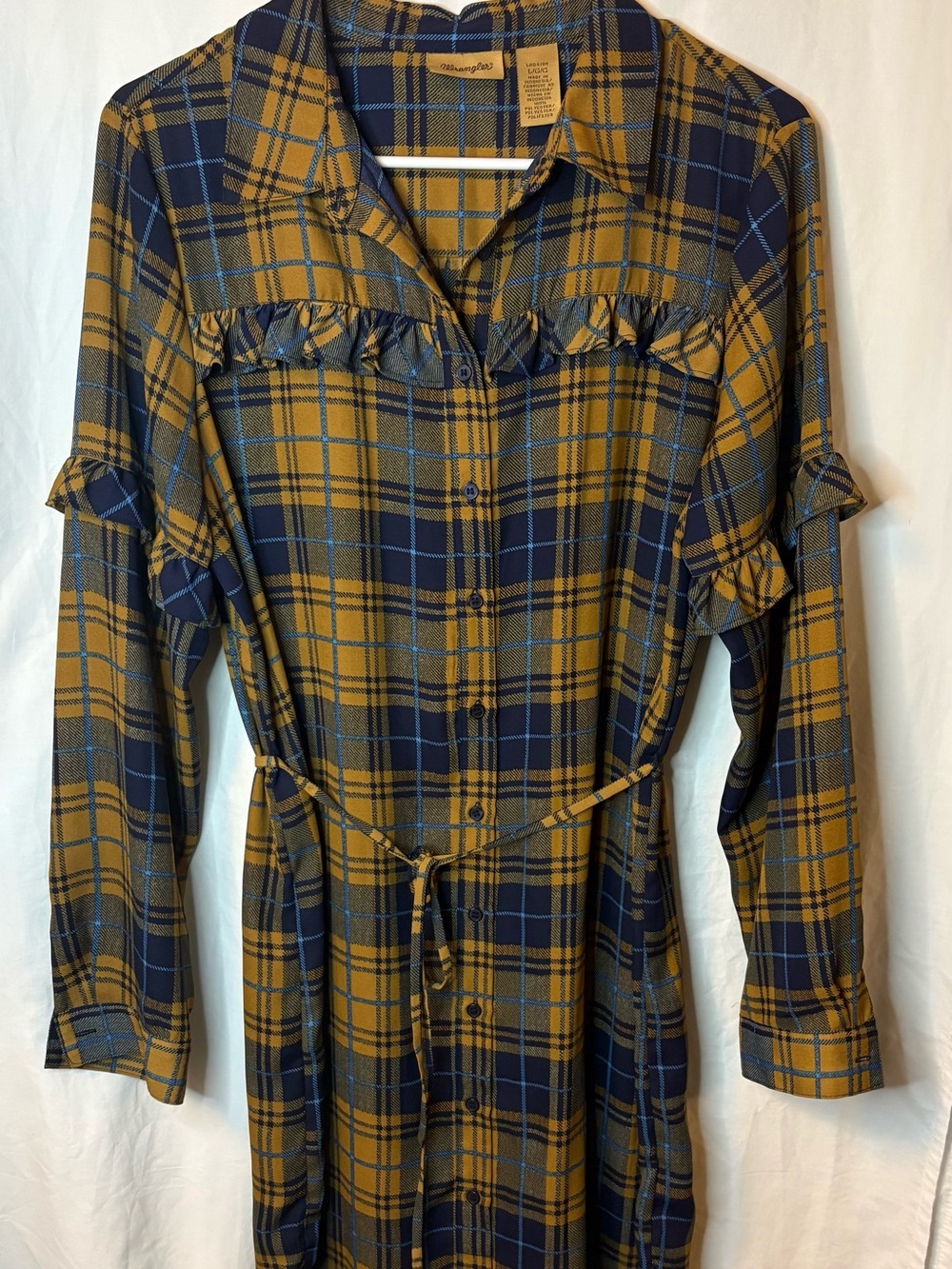 Wrangler Mustard and Navy Plaid Button-Front Shirt Dress